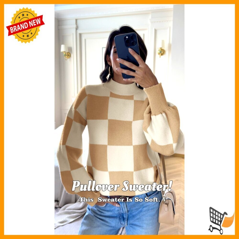 Ribbed Knit Pullover Turtleneck Plaid Loose Fit Trendy Office Sweater - Picture 6 of 7